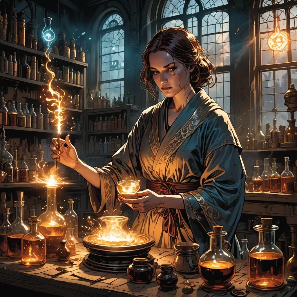 Beautiful Alchemist Mixing Potions in Comic Book Style