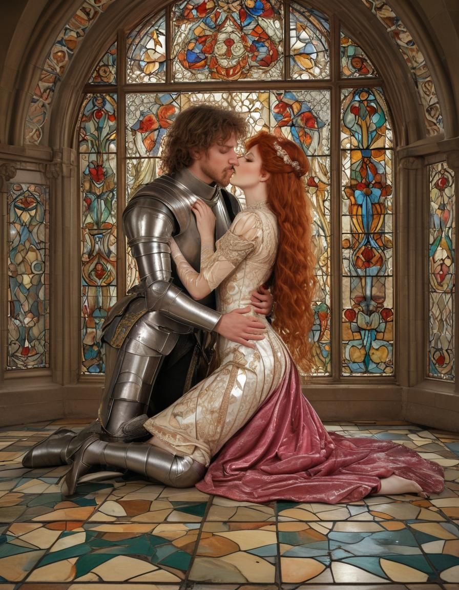 Knight and Damsel Embrace Under Stained Glass