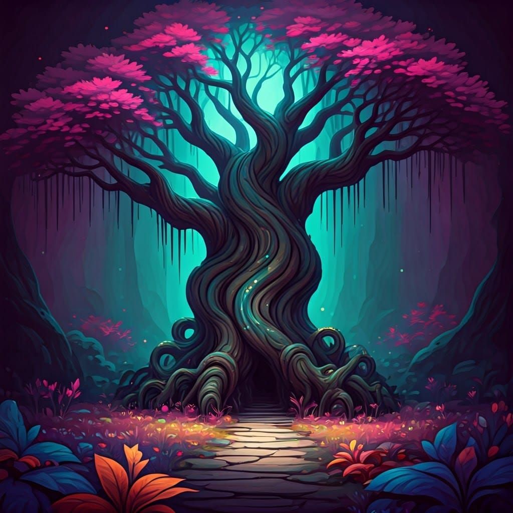 Mystical Forest with Iridescent Flora in Hand-Painted Style