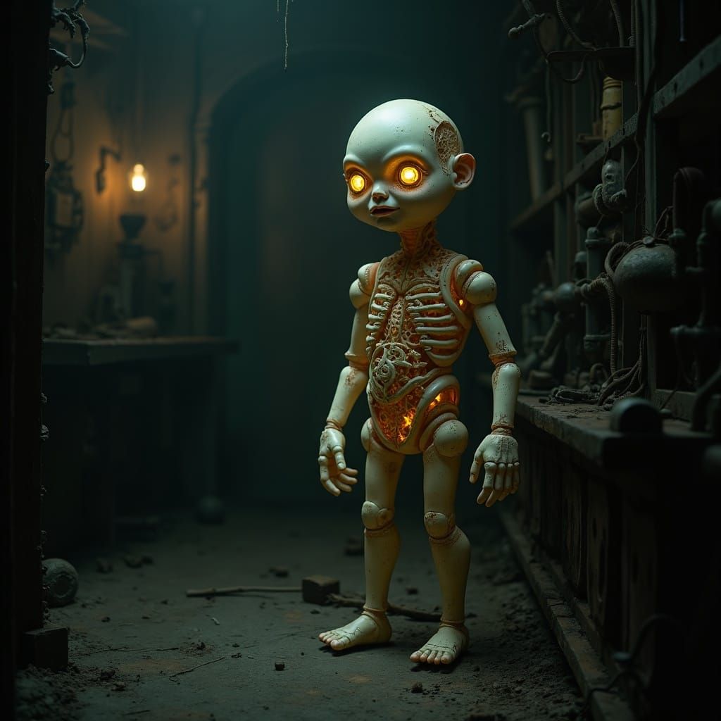 Creepy Clockwork Porcelain Doll in Dimly Lit Dungeon