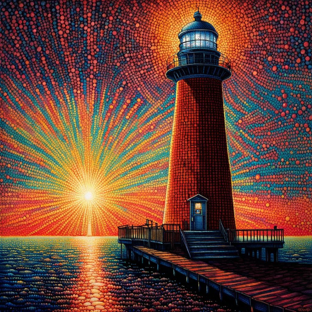Lighthousepunk Dusk in Dreampunk Pointillism Style