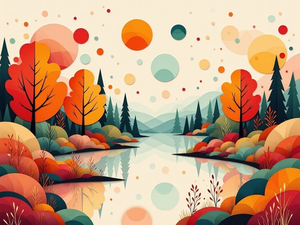 Surreal Autumn Scene with Geometric Shapes and Earthy Colors