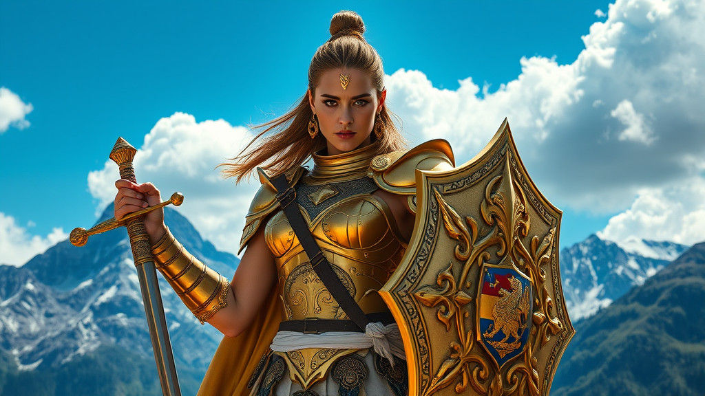 Female Warrior in Gold Armor Mountainscape Art