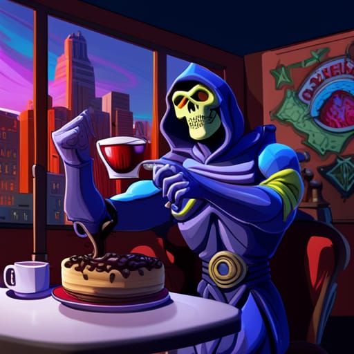 Skeletor in Cafe: Buff, Cheesecake, 3D Digital Art