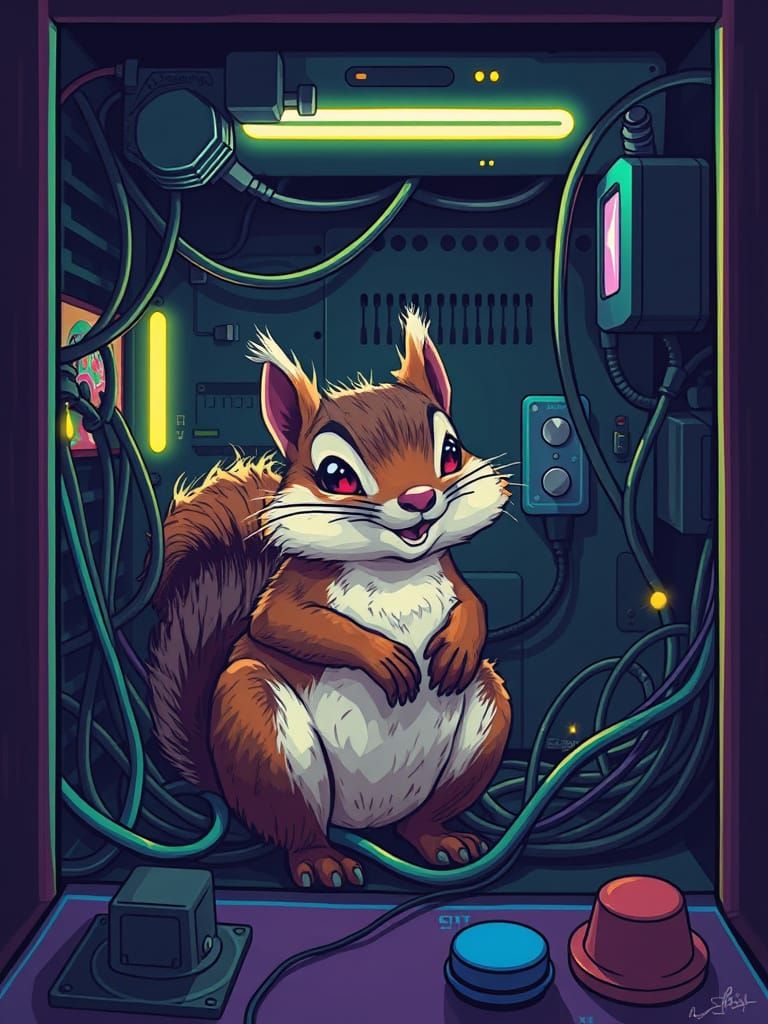 Squirrel in Pixelated Video Game Cabinet