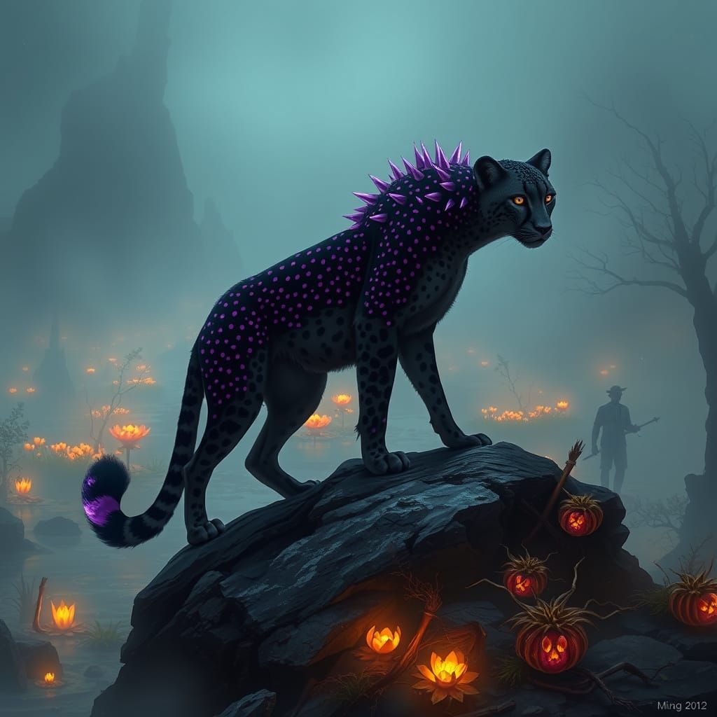 Black Amethyst Cheetah Overlooking Glowing Swamp