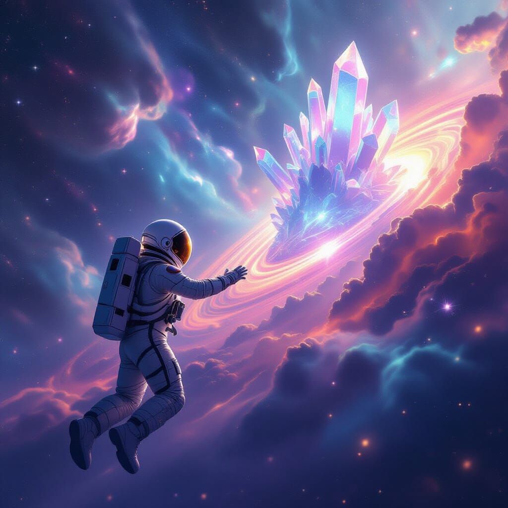 Astronaut Reaches for Crystalline Planet in Cosmic Nebula