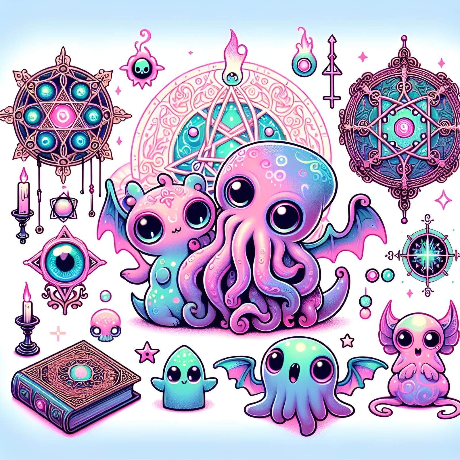Charming Lovecraftian Scene with Cute Cosmic Entities
