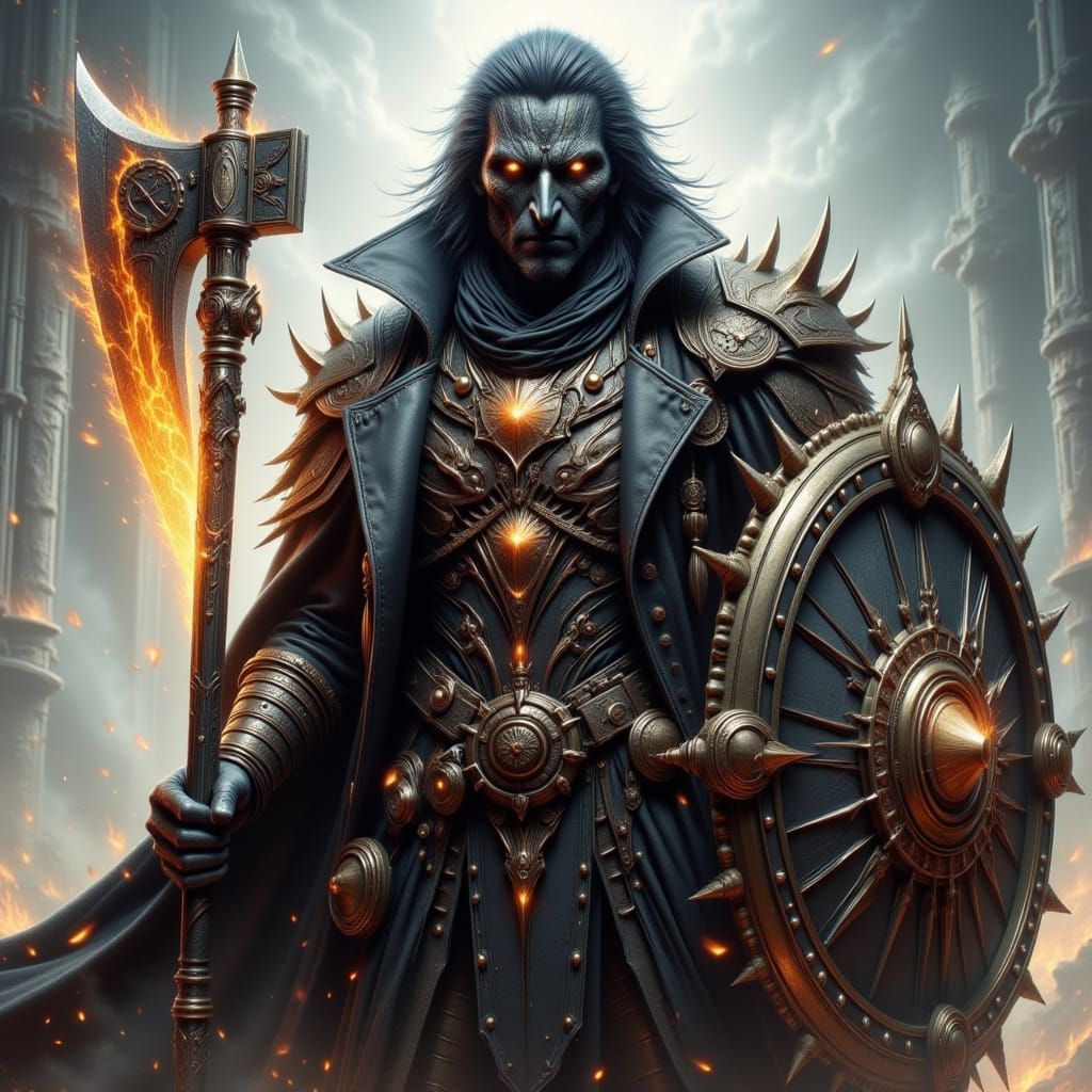 Raven Cowboy in Steampunk Armor with Flaming Axe