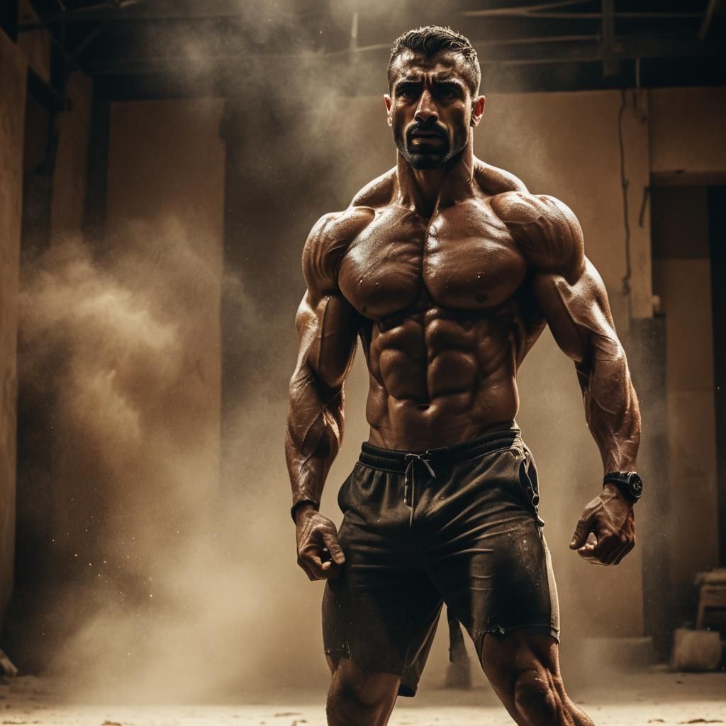 Triumphant Arab Bodybuilder in Cinematic Lighting