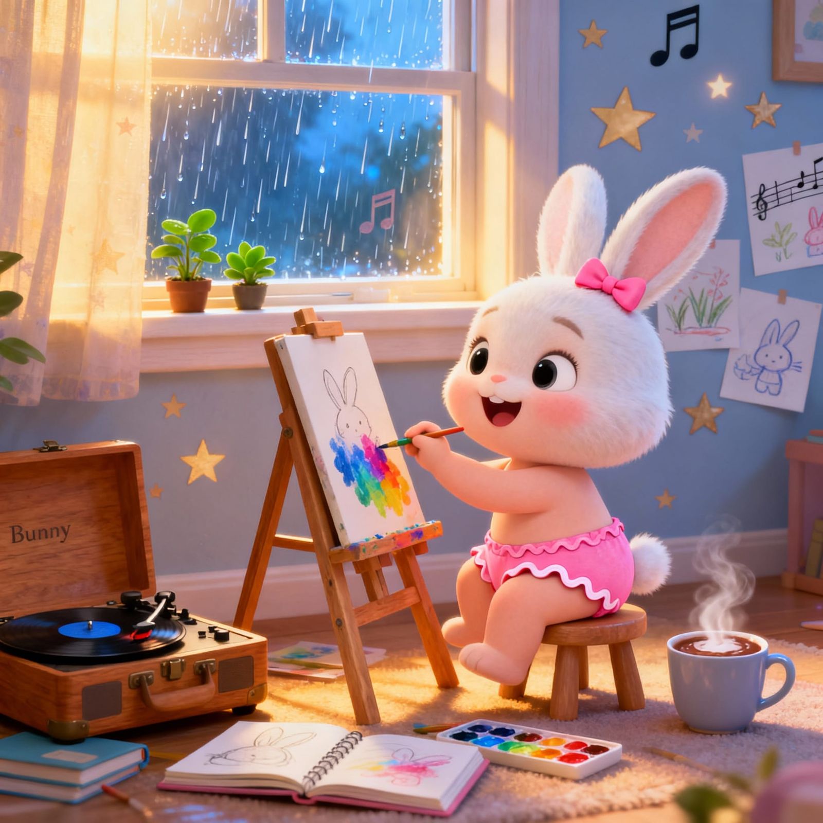 Adorable Bunny Artist Paints in Cozy Studio