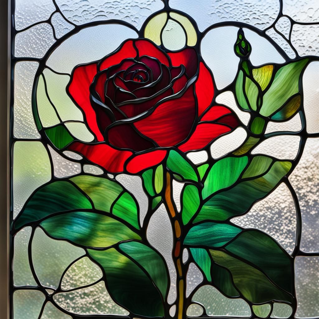Vibrant Red Rose in Stained Glass Style