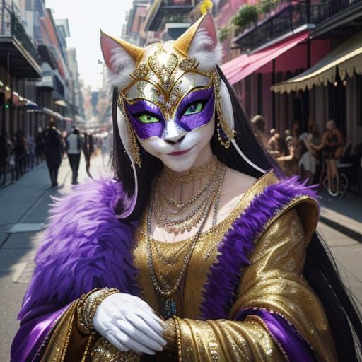 Elegant Cat in New Orleans Carnival Scene