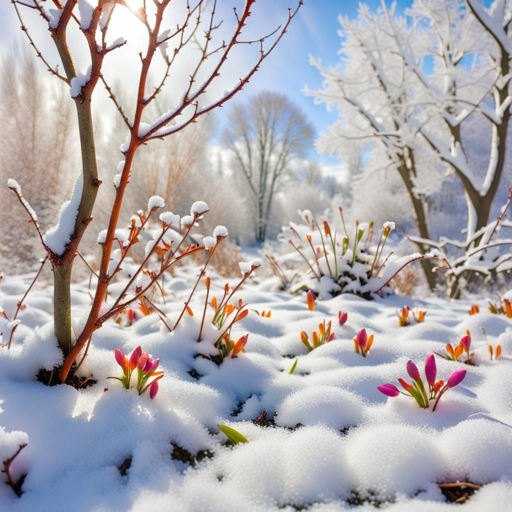 Spring Plants Emerge from Melting Snow