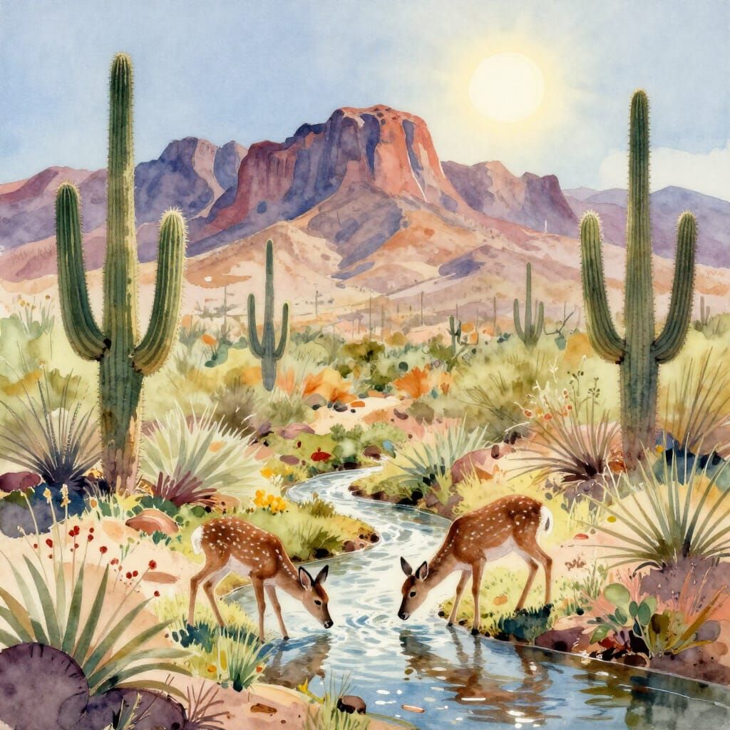 Watercolor Desert Scene with Deer Drinking
