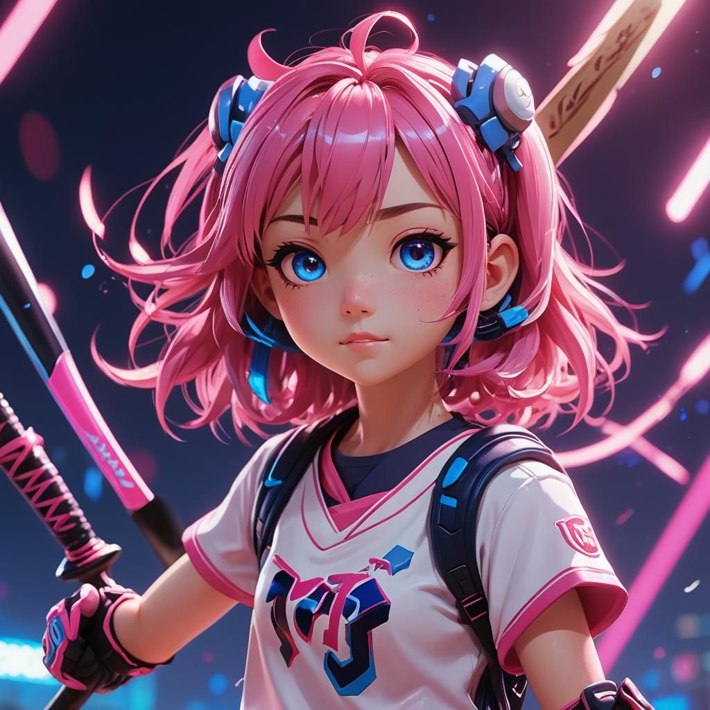 Baseball Anime Girl with Glowing Bat in 3D
