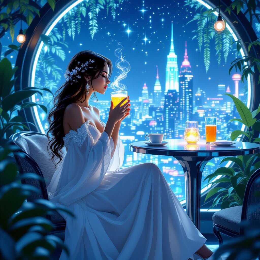 Stardust Elegance in Cyberpunk Cafe, Art Nouveau Style