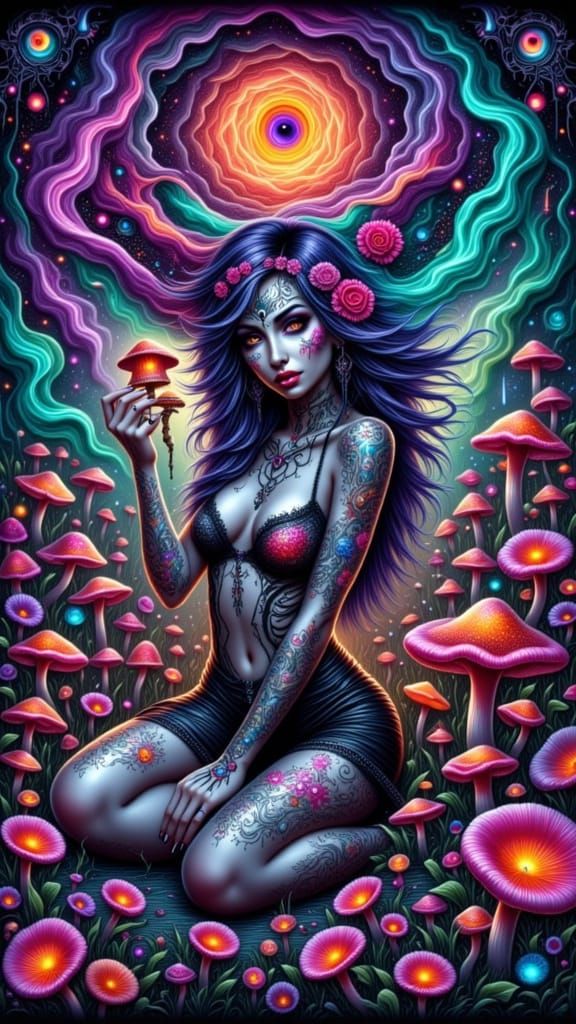 Skeletal Woman in Psychedelic Mushroom Field