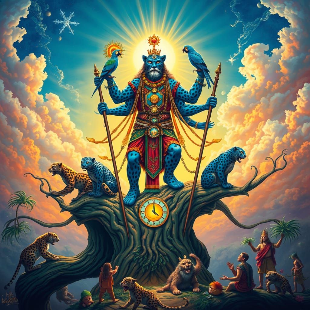 Blue Leopard Shaman on Tree of Time, in Surrealist Style