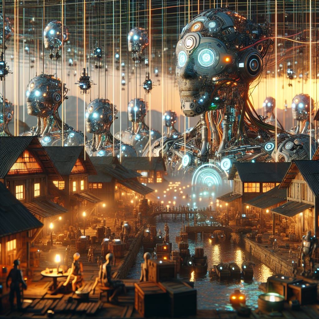 Futuristic Cyborg Village: Cybernetic Unity in Dystopia
