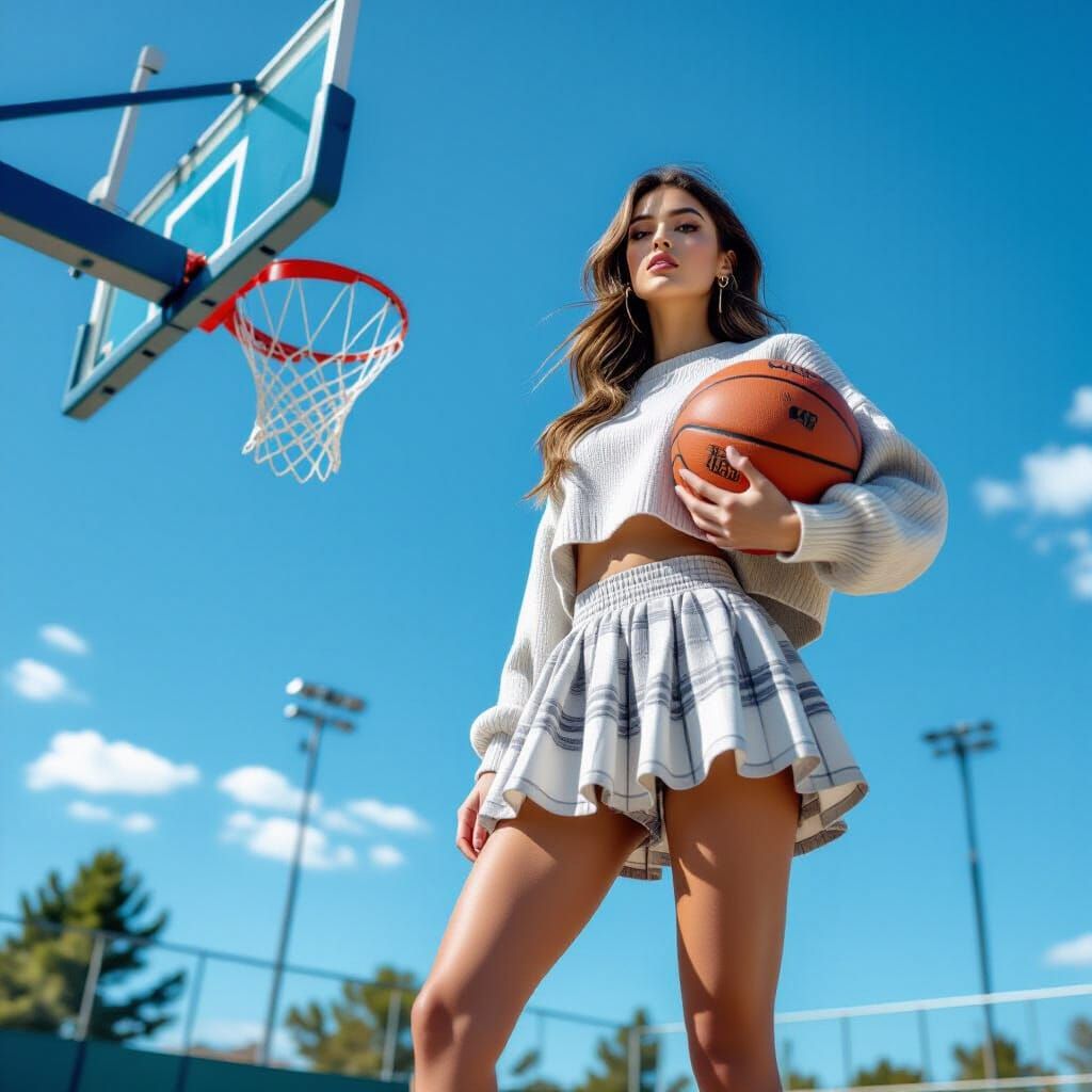 Fashion Model Posing on Basketball Court in Cinematic Daylig...