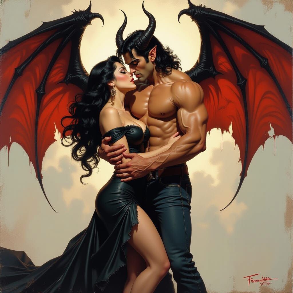 Passionate Embrace: Woman and Demon in Romantic Art Style