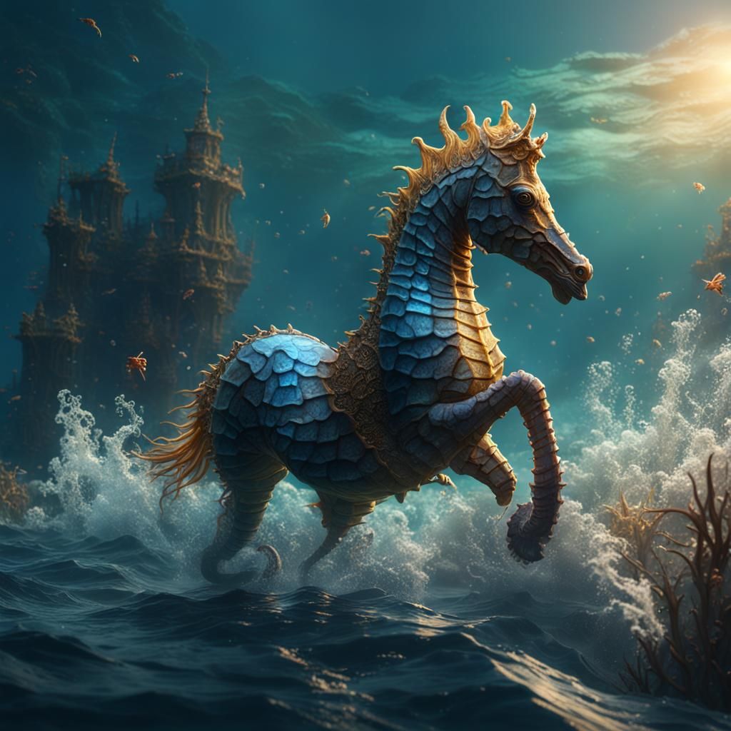 Seahorse Swimming in Ocean: Detailed Matte Painting