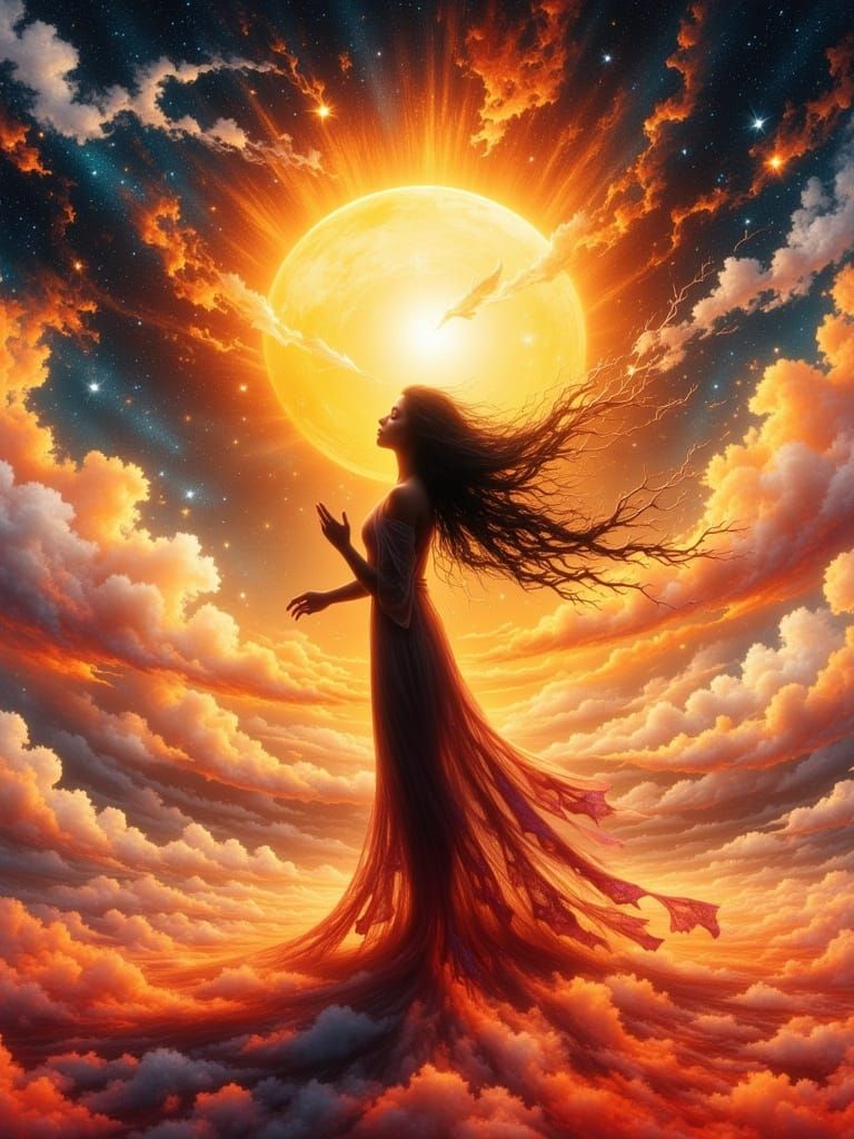 Hyperrealistic Woman Walking Towards Sunlight