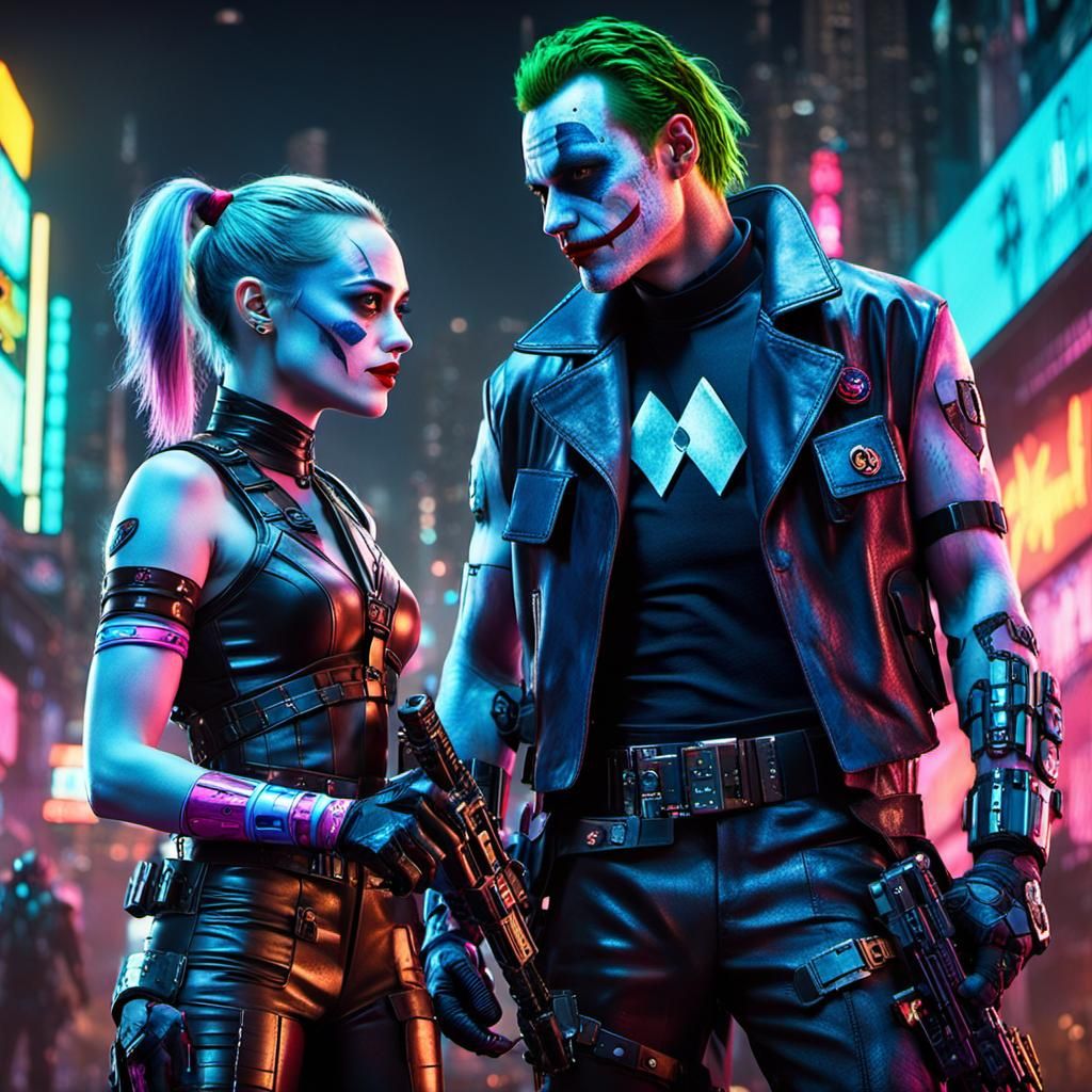 Cyberpunk Joker and Harley Quinn with Futuristic Weapons