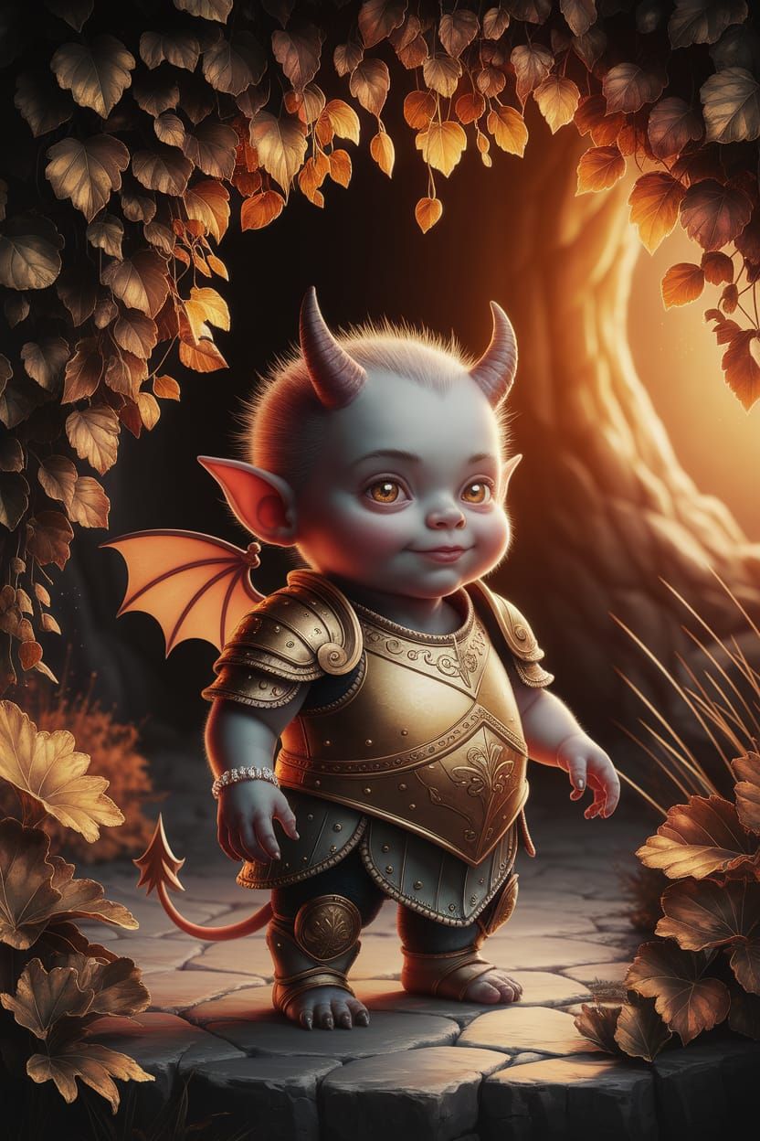 Gentle Demon in Antique Armor with Lush Foliage