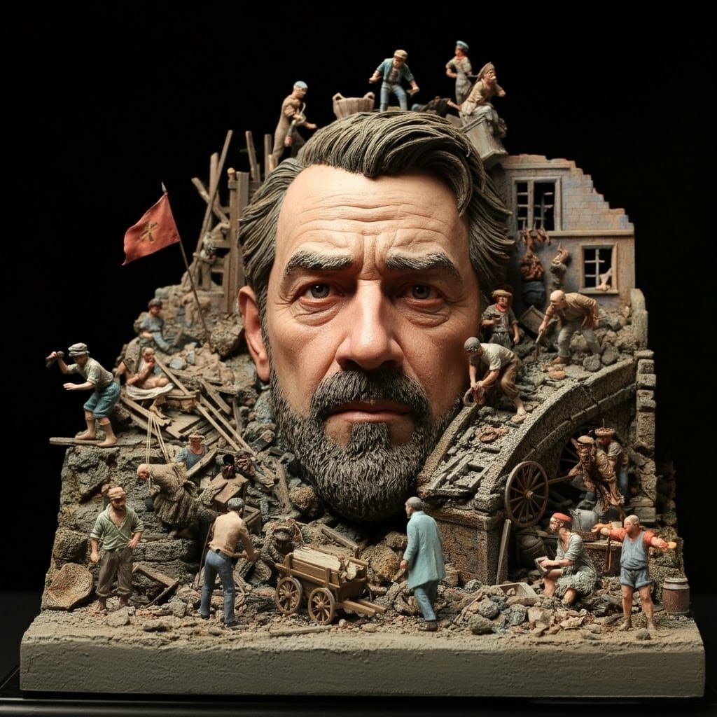 Man Emerging from Ruins in Intricate Sculpture