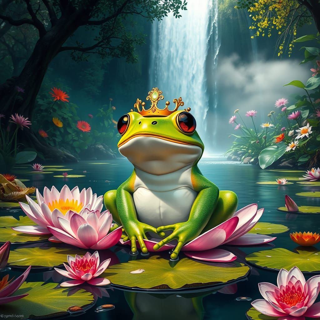 Regal Frog in Oasis, Hyperrealistic Concept Art