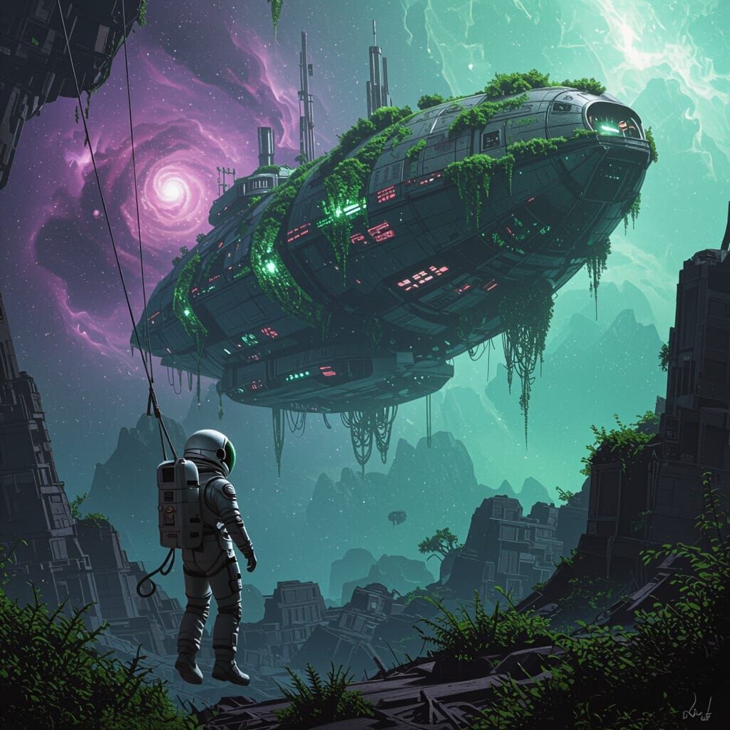 Astronaut Beside Alien Flora Generation Ship
