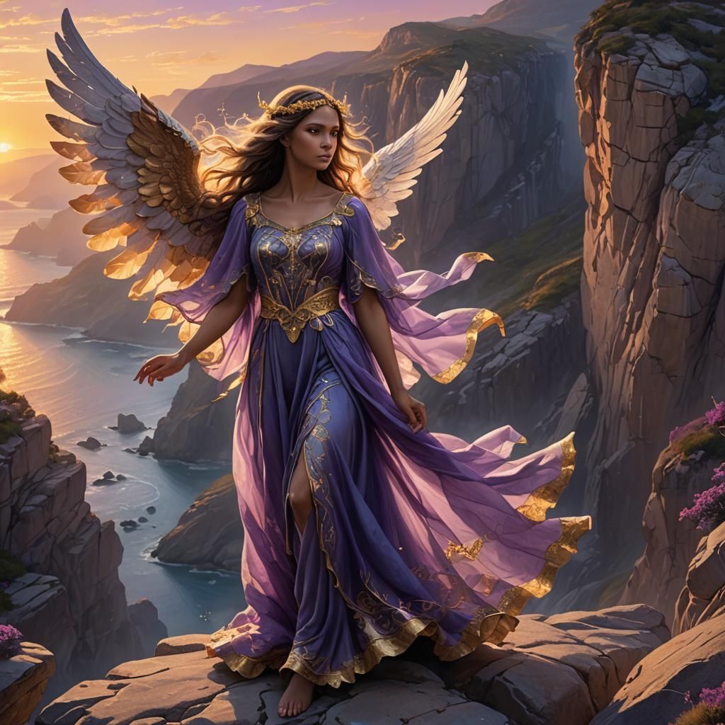 Angel in Purple Dress at Sunset: Fantasy Art