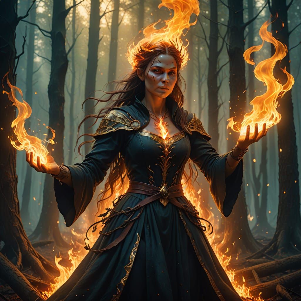 Elemental Witch Casting Fire in Misty Forest