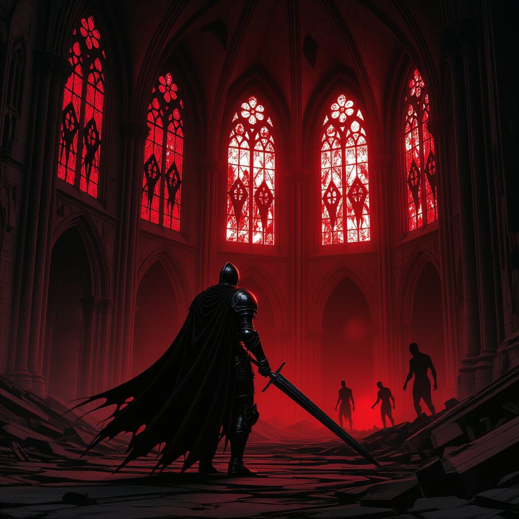 Knight Enters Ruined Cathedral in Dark Fantasy Style