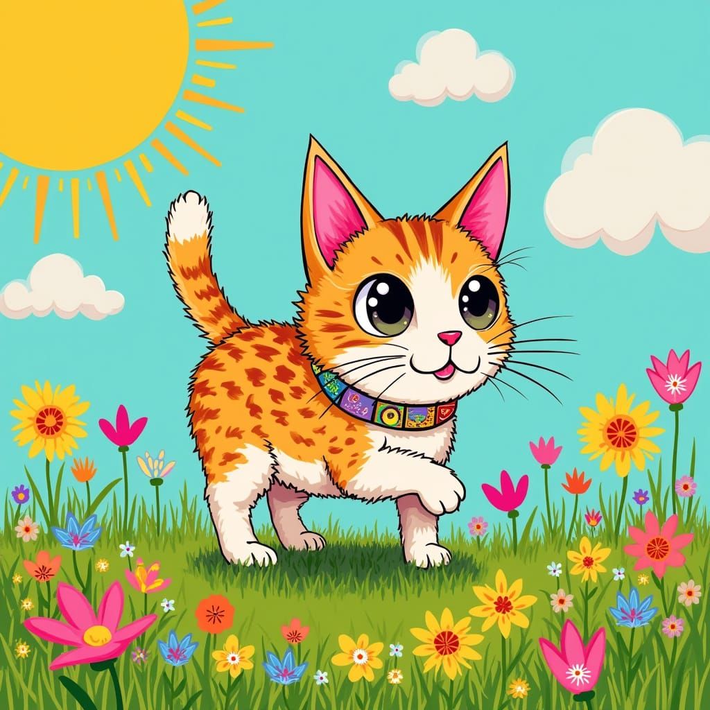 Catdog Plays in Meadow: Surreal Pop Art Style