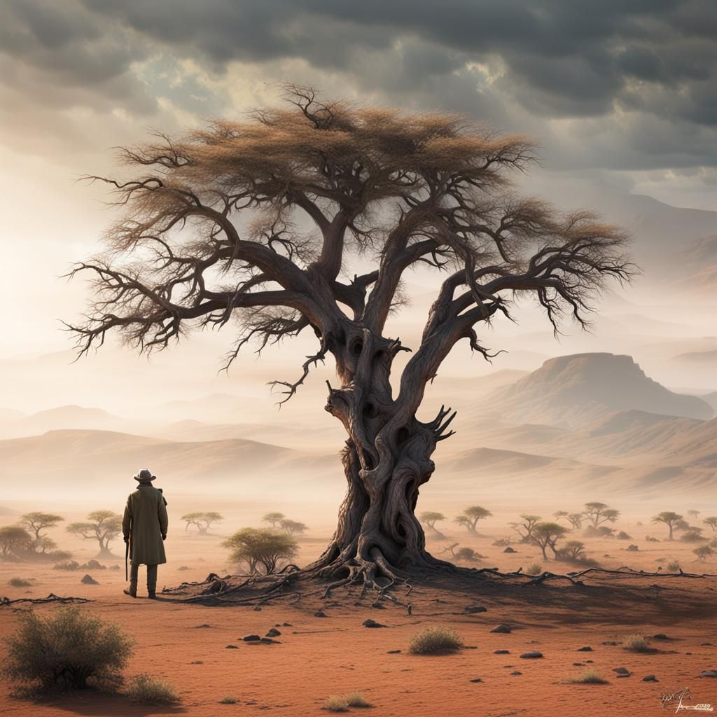 Desolate Wasteland: Old Tree and Man in 8k