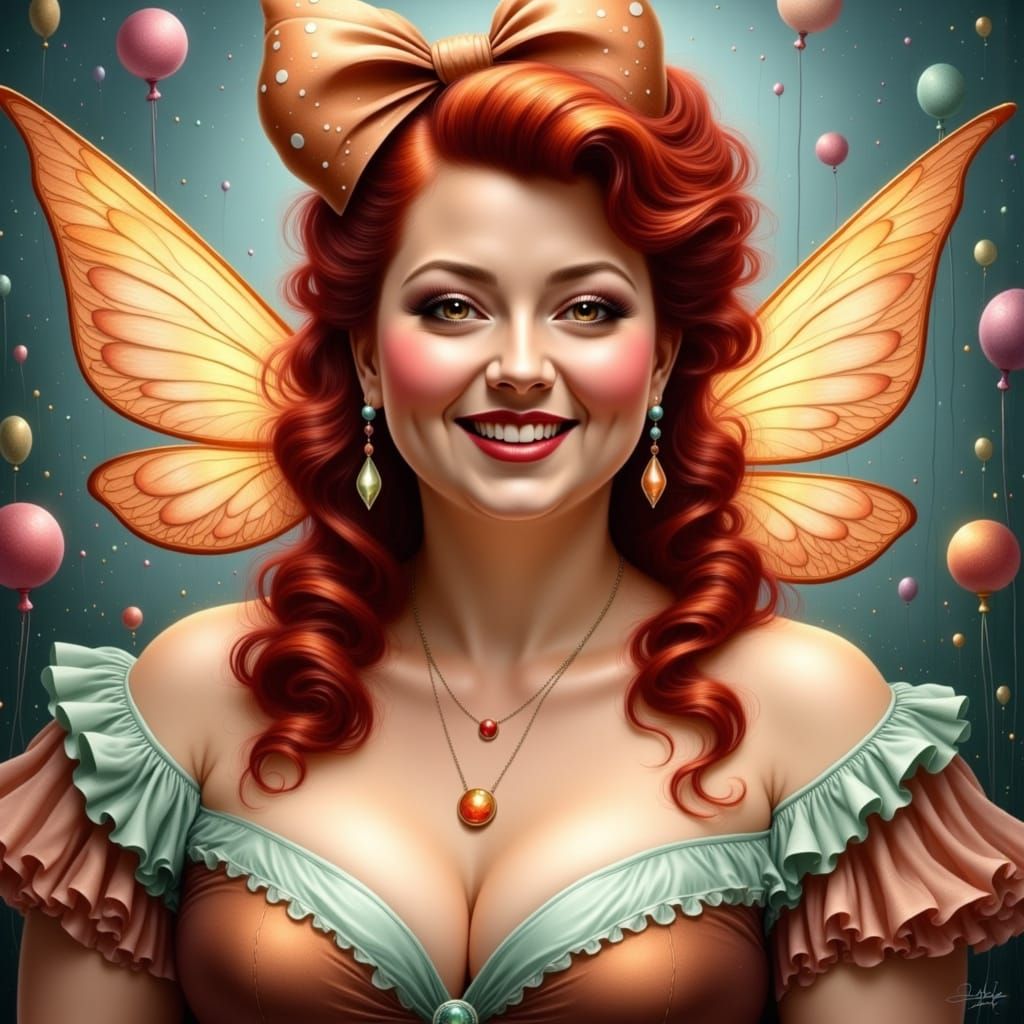 Plus Size Fairy with Cherry Red Hair in 1950s Dress