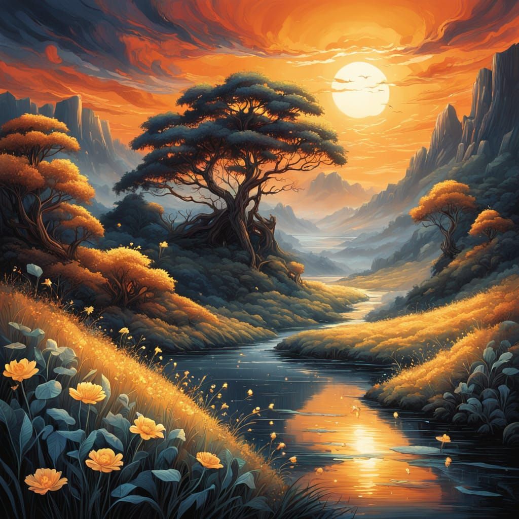 Mystical Realm of Wonder in Golden Sunset