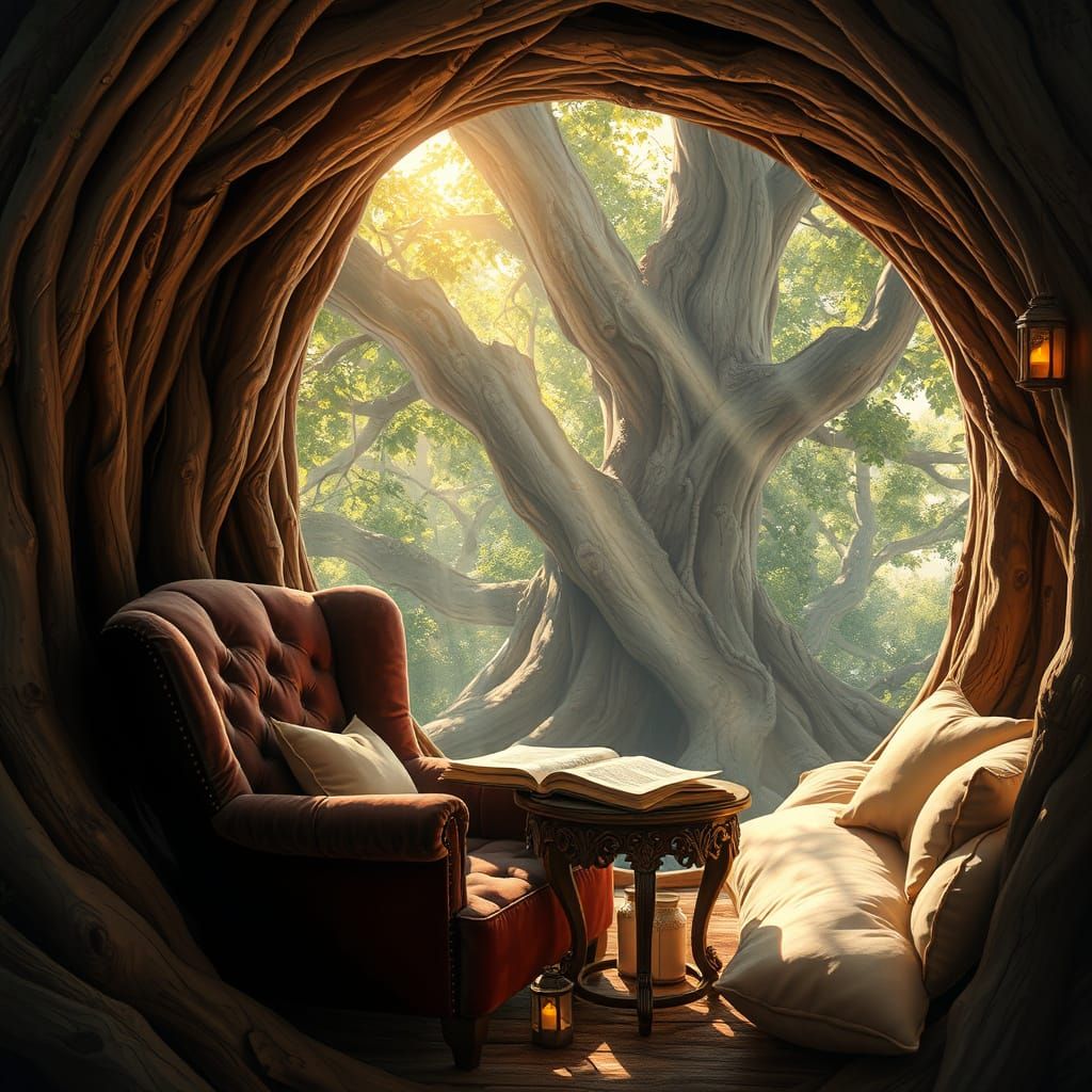 Enchanted Reading Nook in Ancient Tree