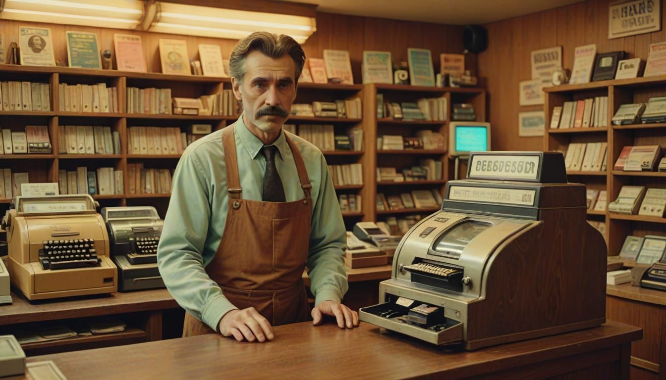 Vintage Shopkeeper Behind Worn Wooden Counter
