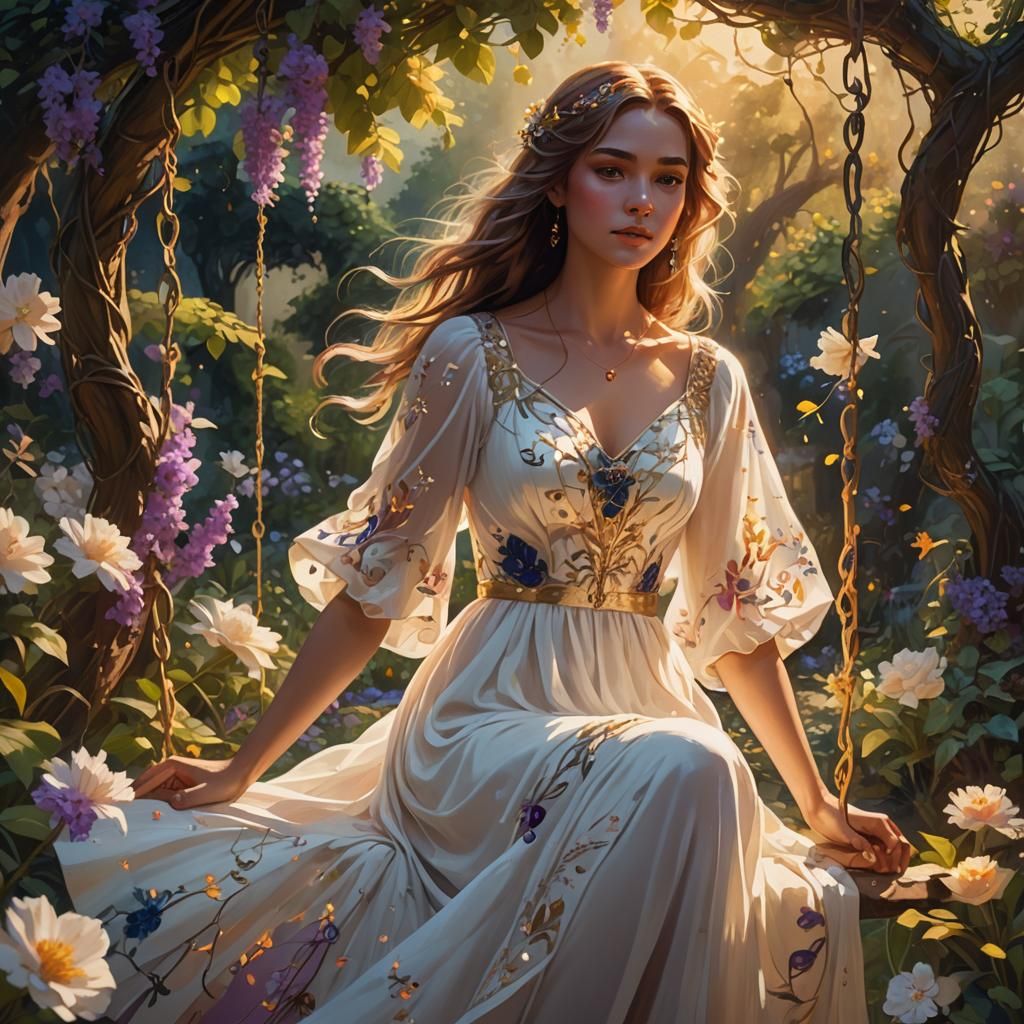 Girl on Swing in Lush Garden, Fantasy Art