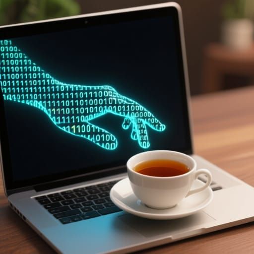 Digital Hand From Laptop Reaches For Tea