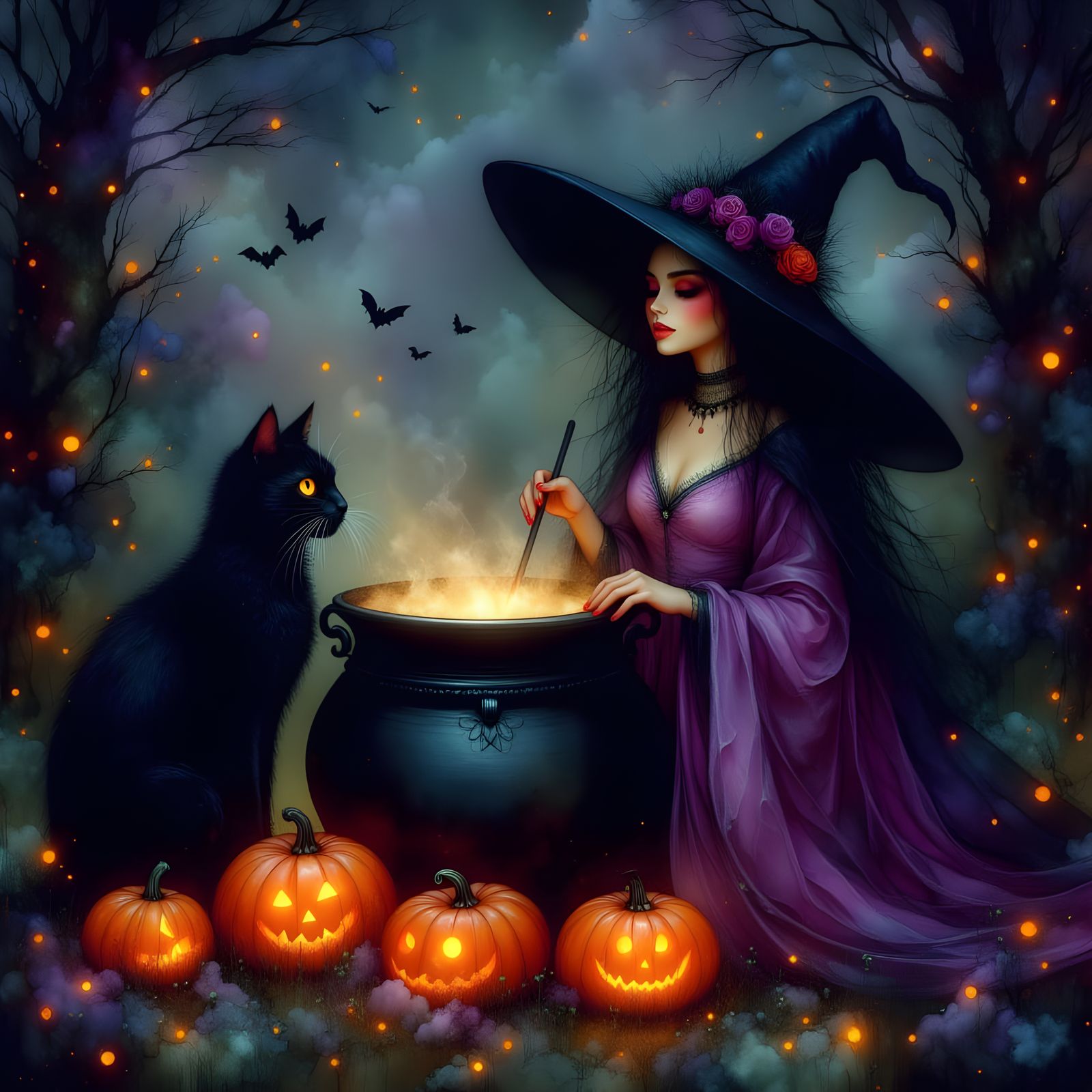 Mystical Witch Brews Potion With Black Cat and Pumpkins