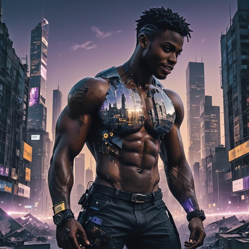 Dystopian Double Exposure: Muscular Man in Futuristic Citysc...