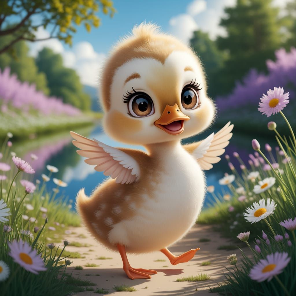 Dancing Duckling in Sunlit Meadow, Kawaii Style