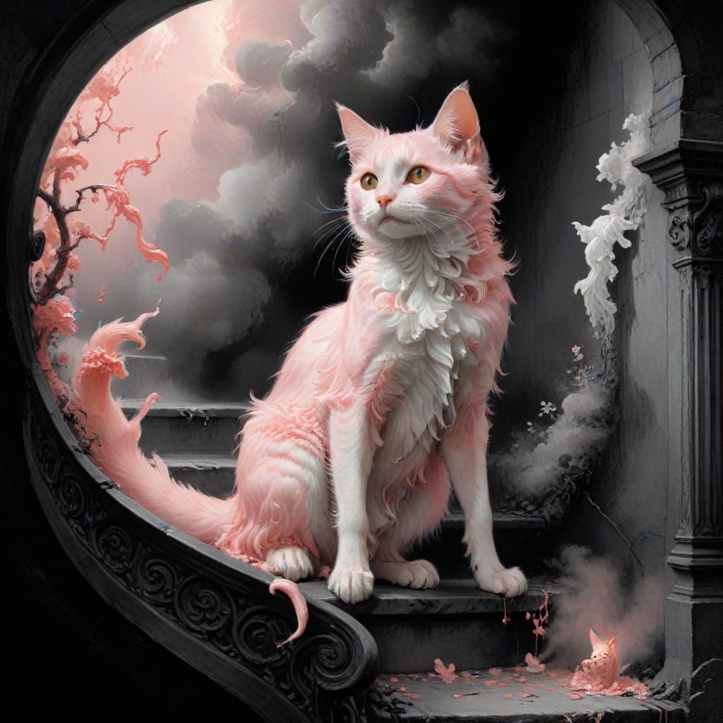 Frightful Pink Kitten in Golden Age Illustration Style