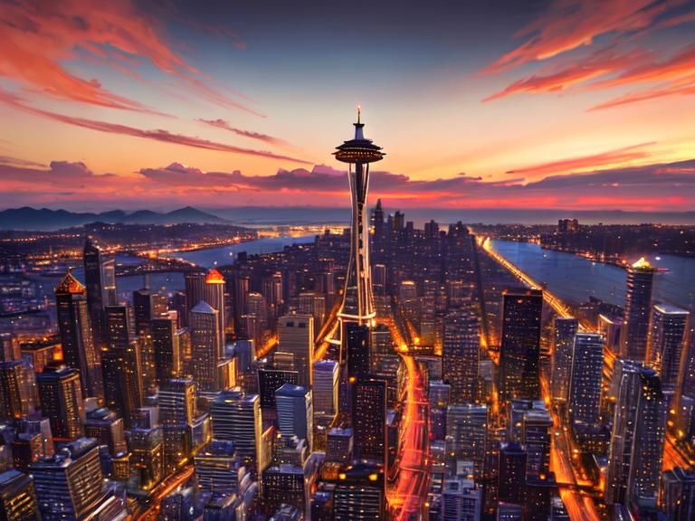 Seattle Sunset: Space Needle and Futuristic Architecture