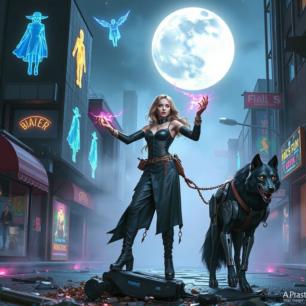 Cyberpunk Mage and Mechanical Wolf in Steampunk City